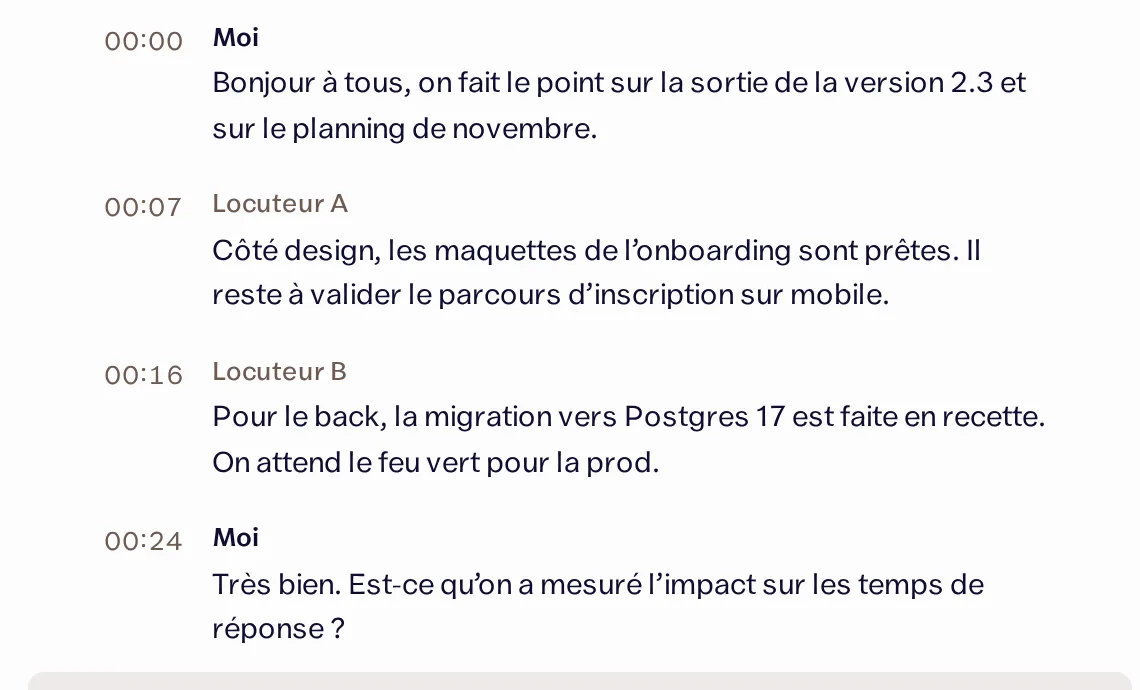 Le texte d'une réunion : chaque phrase avec son heure et la personne qui parle.